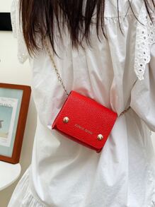 Bolsa cuadrada mini con estampado de letra de litchi en relieve con solapa - Rojo - Ver 2