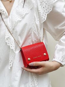 Bolsa cuadrada mini con estampado de letra de litchi en relieve con solapa - Rojo - Ver 3