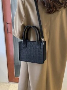 鱷魚壓紋雙把手毛氈PU皮革方包 - 黑色 - 查看 2