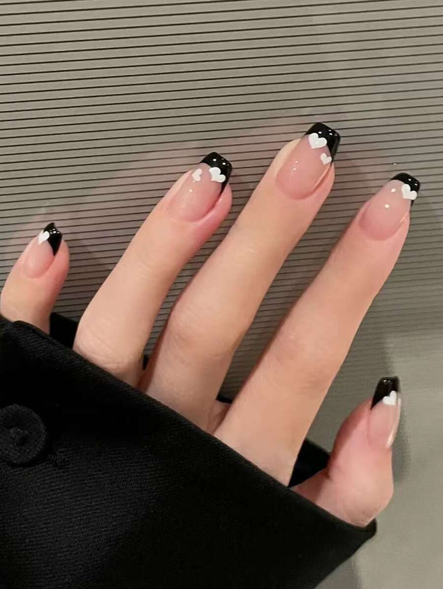 Bộ 24 móng tay giả kiểu Pháp ngắn hình trái tim màu đen, móng tay giả kiểu Pháp, móng tay giả Acrylic, móng tay giả, bộ làm móng tay, có thể tháo rời, che phủ toàn bộ, lâu trôi, bao gồm 1 tờ keo dán và 1 dũa nhỏ, hoàn hảo cho việc sử dụng hàng ngày, dụng cụ làm móng. - Nhiều màu - Xem 1