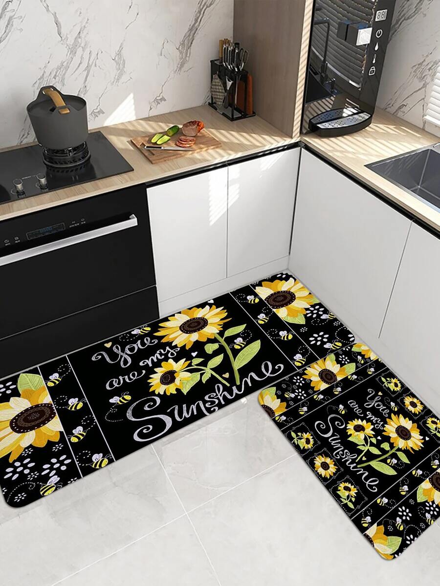 1pc Bee & Sunflower Printed Kitchen Floor Mat, Plush Soft Anti-Slip Absorbent Rectangle Mat For Home Kitchen Dining Room Living Room ,Room Decor - Multicolor - View 1