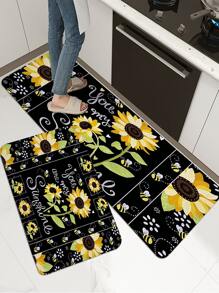 1pc Bee & Sunflower Printed Kitchen Floor Mat, Plush Soft Anti-Slip Absorbent Rectangle Mat For Home Kitchen Dining Room Living Room ,Room Decor - Multicolor - View 3