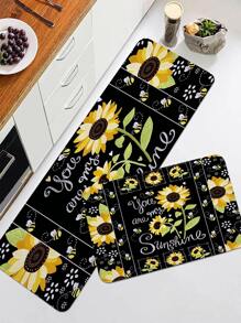 1pc Bee & Sunflower Printed Kitchen Floor Mat, Plush Soft Anti-Slip Absorbent Rectangle Mat For Home Kitchen Dining Room Living Room ,Room Decor - Multicolor - View 4