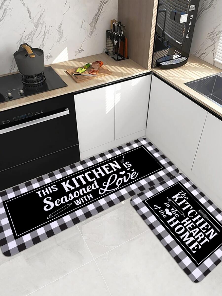 1入組黑白格紋圖案印刷廚房地墊，長方形柔軟防滑吸水地毯，適用於廚房、餐廳、客廳、家居使用，作為房間裝飾 - 彩色 - 查看 1