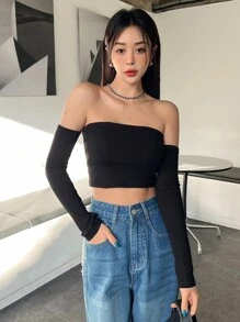 DAZY Solid Crop Tube Top With Arm Sleeves - Black - View 4