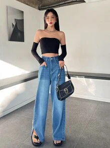 DAZY Solid Crop Tube Top With Arm Sleeves - Black - View 6