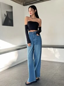 DAZY Solid Crop Tube Top With Arm Sleeves - Black - View 7