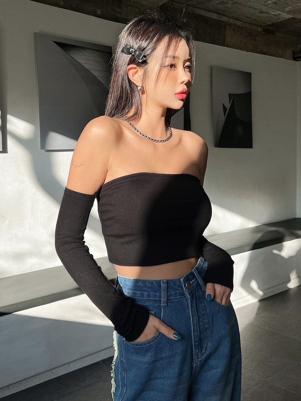 Solid Crop Tube Top With Arm Sleeves