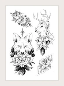 1 hoja Pegatina tatuaje floral & con estampado de animal - Negro - Ver 1