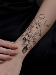 1 hoja Pegatina tatuaje floral & con estampado de animal - Negro - Ver 2