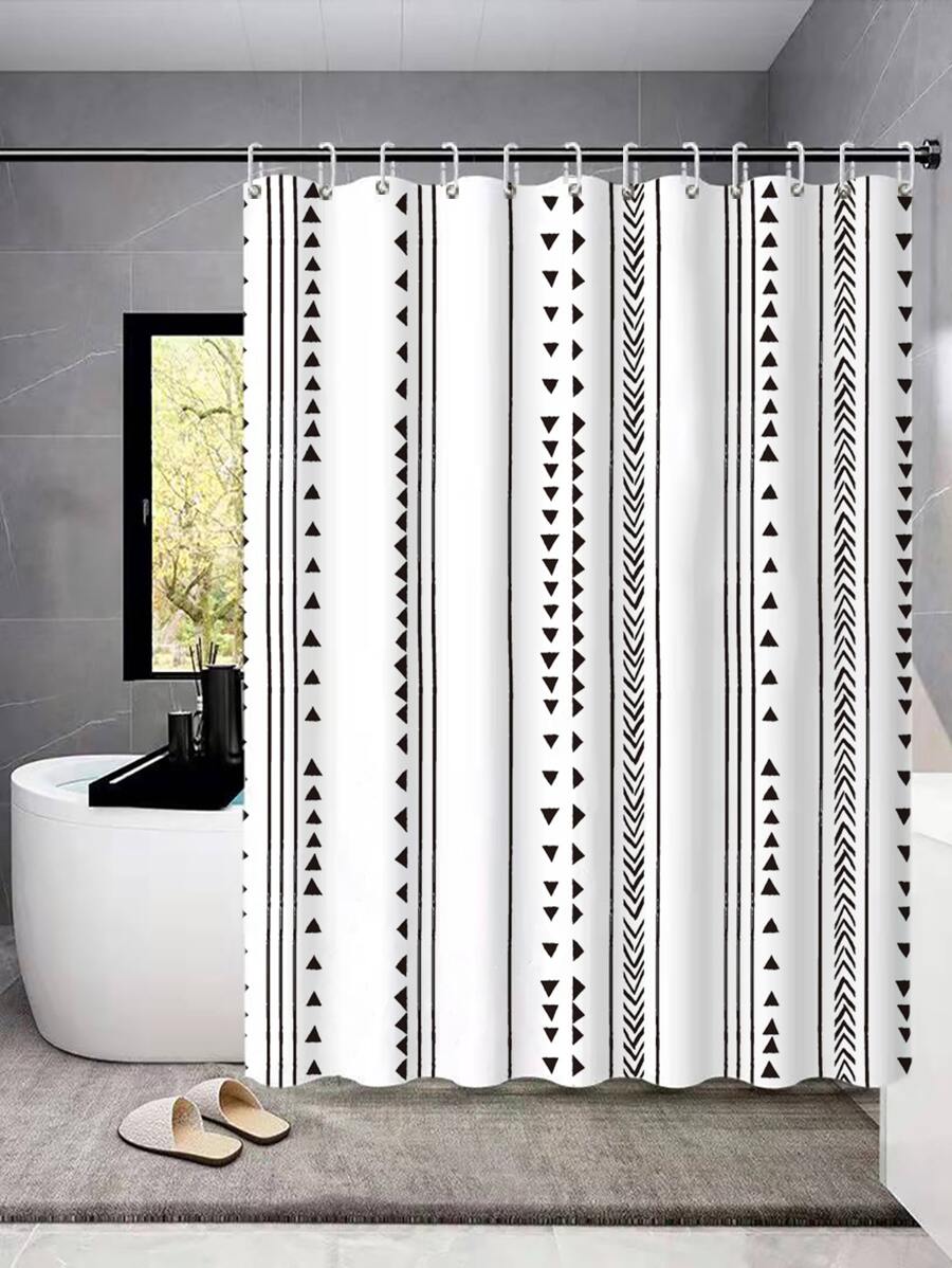 Geometric Pattern Shower Curtain Home Bathroom Decor Fall Decor Bathroom Accessories Back To School - Black and White - View 1