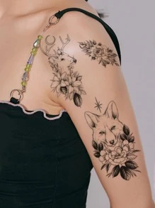 1 hoja Pegatina tatuaje floral & con estampado de animal - Negro - Ver 3
