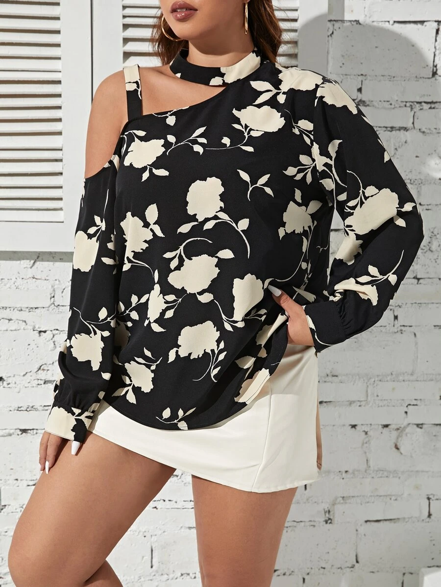 SHEIN LUNE Plus Floral Print Asymmetrical Neck Blouse - Multicolor - View 1