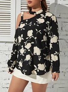 SHEIN LUNE Plus Floral Print Asymmetrical Neck Blouse - Multicolor - View 4