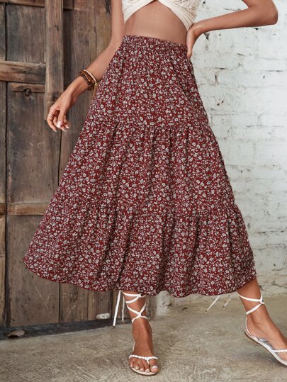 Breezaya 碎花荷叶边下摆半身裙 酒红色 长款度假海滩装 女款