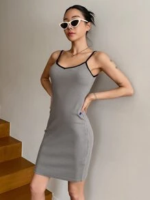 DAZY Vestido ajustado de tirantes unido en contraste - Gris - Ver 7