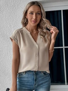 SHEIN LUNE 素色前紐扣蝙蝠袖襯衫 - 杏色 - 查看 4