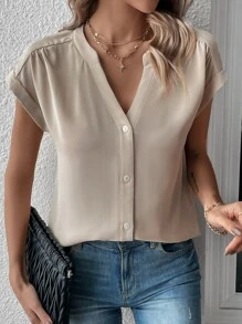 SHEIN LUNE 素色前紐扣蝙蝠袖襯衫 - 杏色 - 查看 6