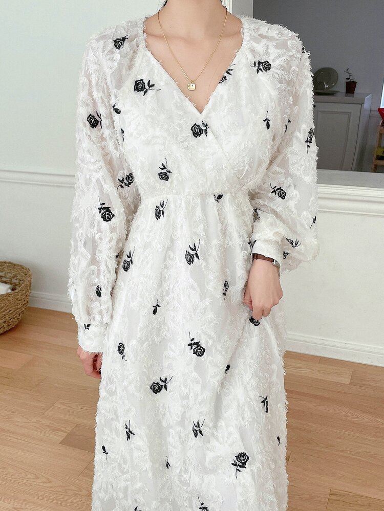 Floral Embroidery Lantern Sleeve Fuzzy Dress