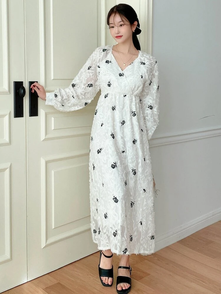 Floral Embroidery Lantern Sleeve Fuzzy Dress