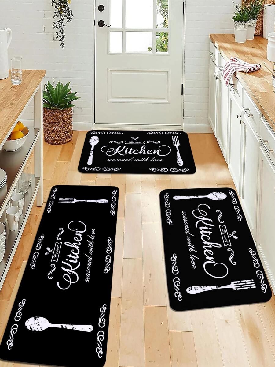 1pc Black Text Printed Kitchen Floor Mat, Plush Rectangle Anti-Slip Absorbent Soft Rug For Kitchen, Dining Room And Living Room ,Room Decor