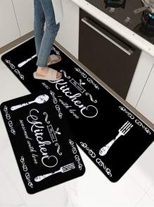 1pc Black Text Printed Kitchen Floor Mat, Plush Rectangle Anti-Slip Absorbent Soft Rug For Kitchen, Dining Room And Living Room ,Room Decor