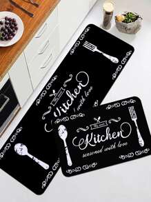 1pc Black Text Printed Kitchen Floor Mat, Plush Rectangle Anti-Slip Absorbent Soft Rug For Kitchen, Dining Room And Living Room ,Room Decor