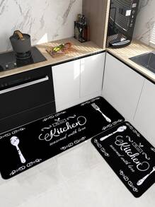 1pc Black Text Printed Kitchen Floor Mat, Plush Rectangle Anti-Slip Absorbent Soft Rug For Kitchen, Dining Room And Living Room ,Room Decor