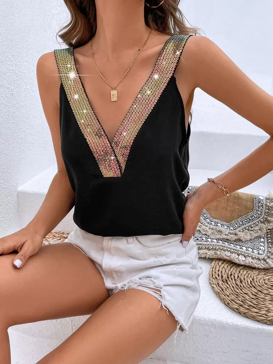 SHEIN LUNE Áo có dây đeo rộng cổ chữ V tương phản - màu đen - Xem 1