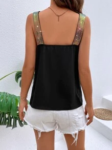 SHEIN LUNE Áo có dây đeo rộng cổ chữ V tương phản - màu đen - Xem 2