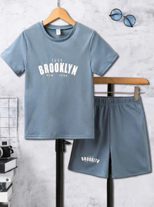 Boys Letter Graphic Tee & Shorts - Dusty Blue - View 1