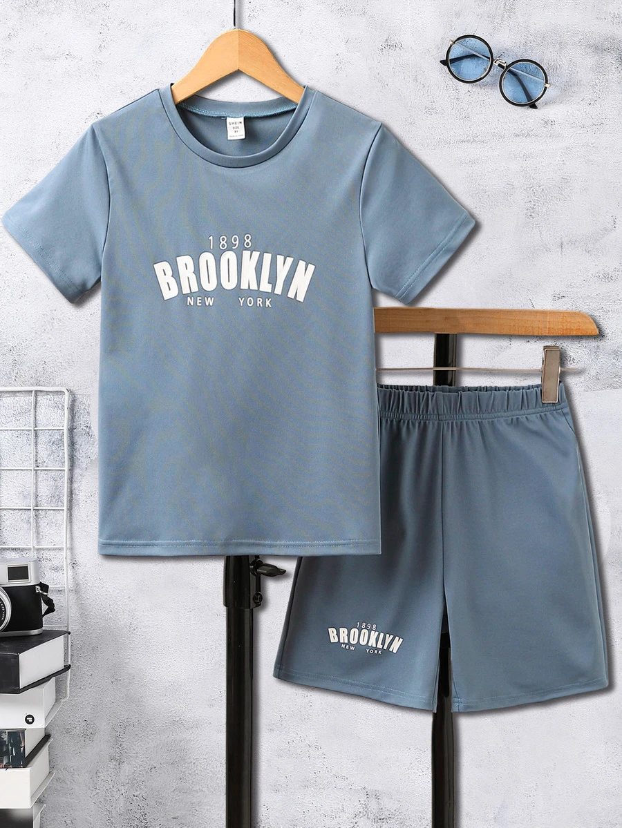 Boys Letter Graphic Tee & Shorts - Dusty Blue - View 1