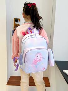 Cartoon Mermaid & Unicorn Print Backpack For Teens/Kids, With Pencil Case Included - Multicolor - View 2