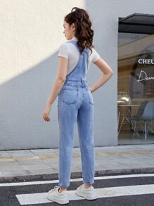 SHEIN Teen Girls Ripped Slant Pocket Denim Dungaree Jumpsuit - Light Wash - View 2