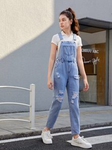 SHEIN Teen Girls Ripped Slant Pocket Denim Dungaree Jumpsuit - Light Wash - View 3