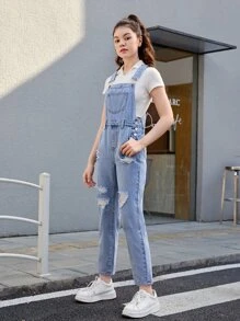 SHEIN Teen Girls Ripped Slant Pocket Denim Dungaree Jumpsuit - Light Wash - View 4