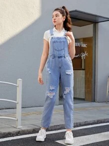 SHEIN Teen Girls Ripped Slant Pocket Denim Dungaree Jumpsuit - Light Wash - View 5