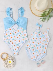 Chicas 1 pieza Bañador una pieza con estampado floral ribete con fruncido - Azul y blanco - Ver 3