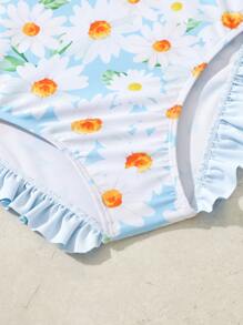 Chicas 1 pieza Bañador una pieza con estampado floral ribete con fruncido - Azul y blanco - Ver 5