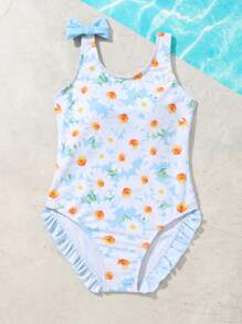 Chicas 1 pieza Bañador una pieza con estampado floral ribete con fruncido - Azul y blanco - Ver 6