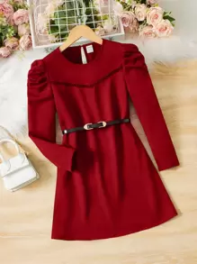 SHEIN 女孩鏤空蕾絲花邊泡泡袖洋裝不附腰帶