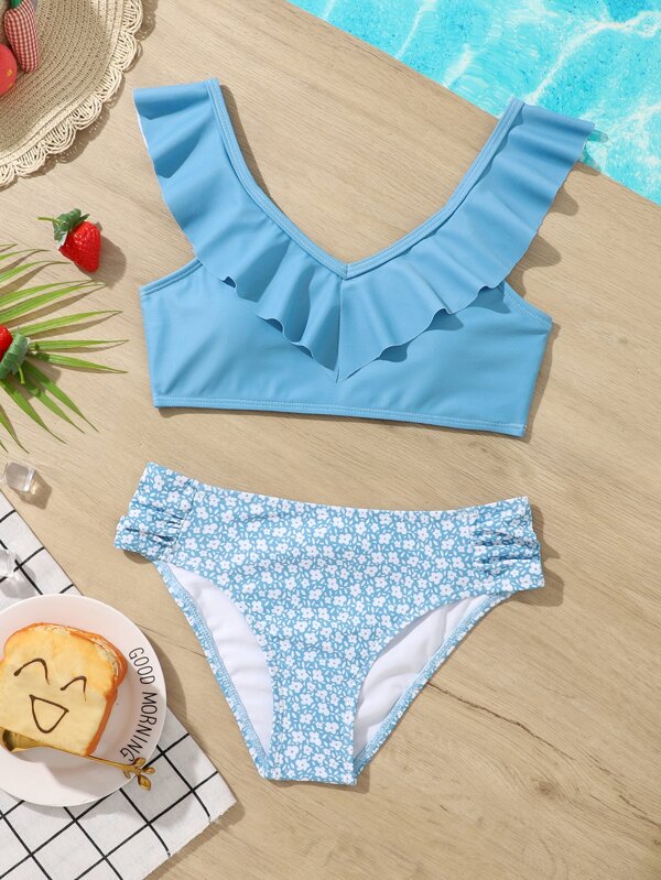 SHEIN Kids Y2Kool Komplety bikini dla dziewczynek Zmarszczony Ditsy