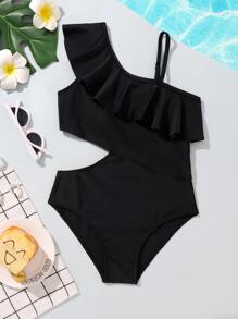 Traje De Baño De Una Pieza Para Niña Preadolescente Con Corte Y Adorno De Volante - Negro - Ver 1