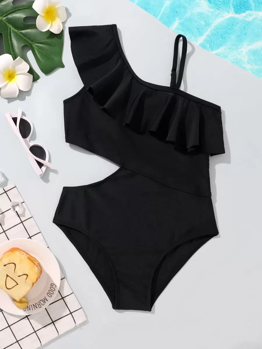 Traje De Baño De Una Pieza Para Niña Preadolescente Con Corte Y Adorno De Volante - Negro - Ver 1