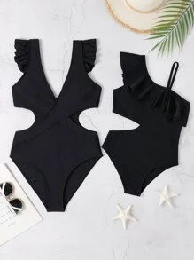 Traje De Baño De Una Pieza Para Niña Preadolescente Con Corte Y Adorno De Volante - Negro - Ver 3