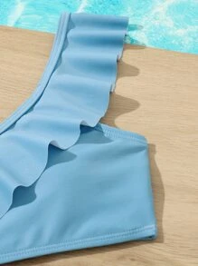 Conjunto de bikini con volantes con estampado de flores minúsculas para niña preadolescente, para playa de verano - Azul - Ver 4