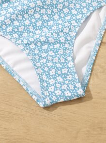 Conjunto de bikini con volantes con estampado de flores minúsculas para niña preadolescente, para playa de verano - Azul - Ver 5