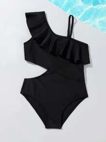 Traje De Baño De Una Pieza Para Niña Preadolescente Con Corte Y Adorno De Volante - Negro - Ver 6