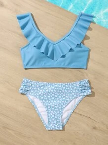 Conjunto de bikini con volantes con estampado de flores minúsculas para niña preadolescente, para playa de verano - Azul - Ver 6