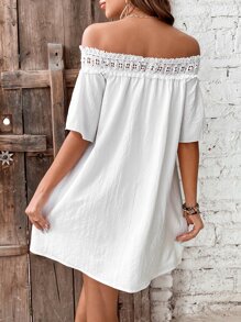 SHEIN VCAY 一字肩拼接水溶蕾絲連衣裙 - 白色 - 查看 2